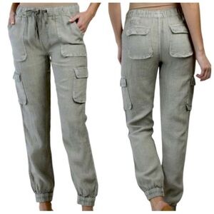 Nicole Miller New York Linen Light Olive Cargo Jogger Pant Pockets Elastic Waist